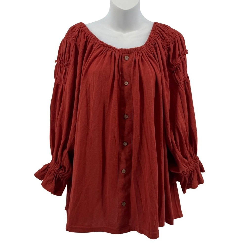 Easel Los Angeles Rust Cotton Peasant Blouse Large Boho Top